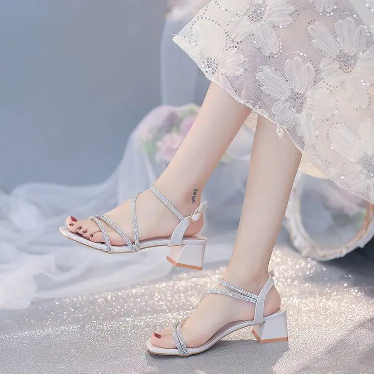 Fashion Sandals Fairy Mid-Heel 2024 New All-Match Thick Heel Rhinestone Wrap Roman Elegant High Heels - Image 5