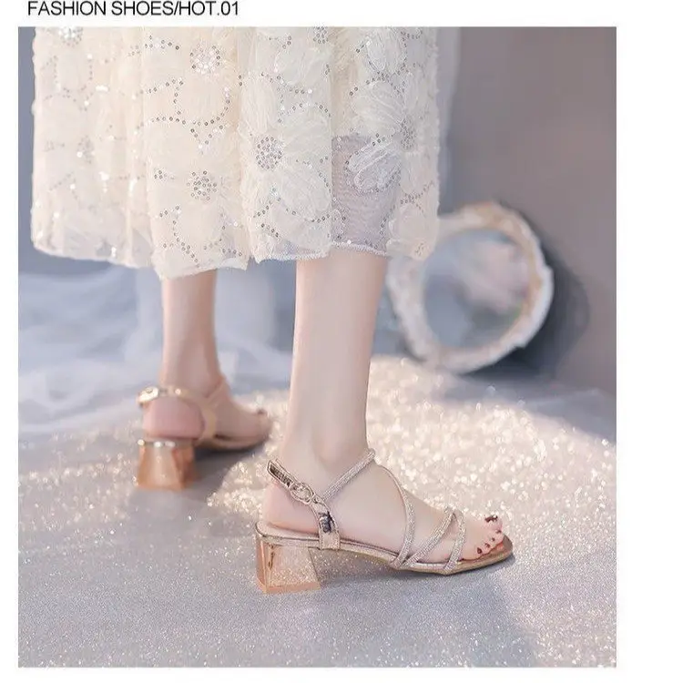 Fashion Sandals Fairy Mid-Heel 2024 New All-Match Thick Heel Rhinestone Wrap Roman Elegant High Heels - Image 6
