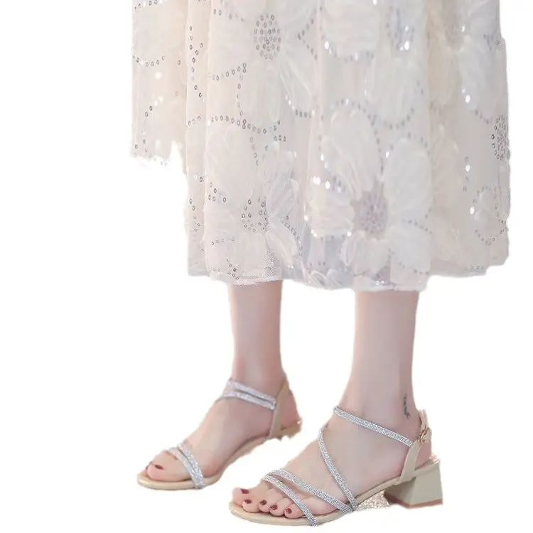 Fashion Sandals Fairy Mid-Heel 2024 New All-Match Thick Heel Rhinestone Wrap Roman Elegant High Heels - Image 7