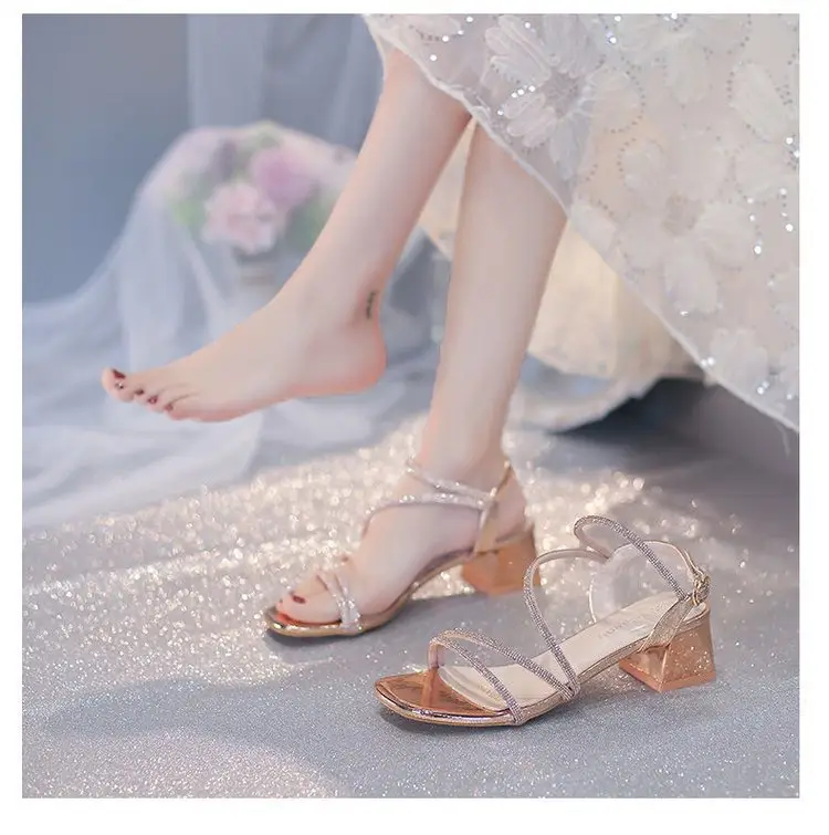 Fashion Sandals Fairy Mid-Heel 2024 New All-Match Thick Heel Rhinestone Wrap Roman Elegant High Heels — feature 10