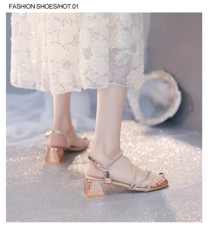 Fashion Sandals Fairy Mid-Heel 2024 New All-Match Thick Heel Rhinestone Wrap Roman Elegant High Heels — feature 11