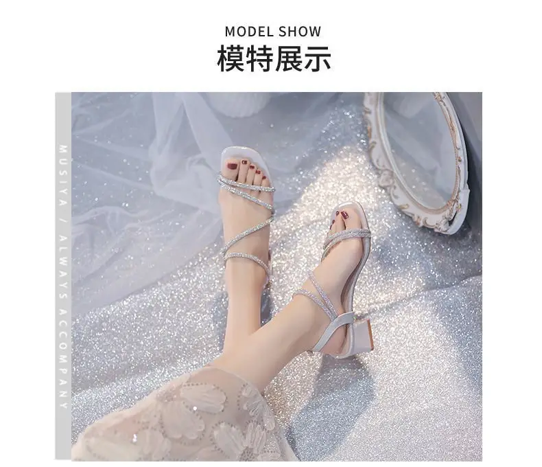 Fashion Sandals Fairy Mid-Heel 2024 New All-Match Thick Heel Rhinestone Wrap Roman Elegant High Heels — feature 5
