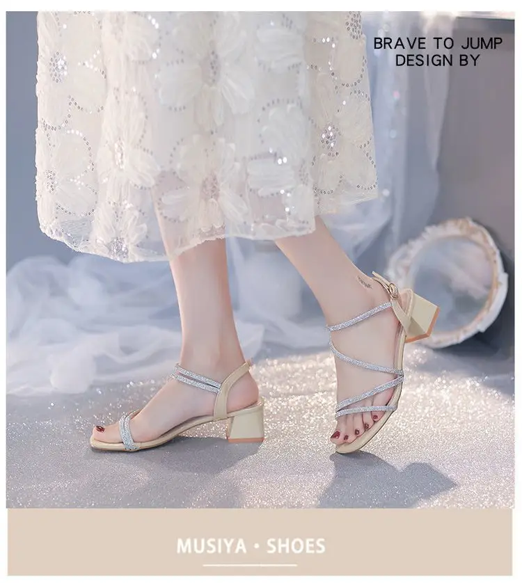 Fashion Sandals Fairy Mid-Heel 2024 New All-Match Thick Heel Rhinestone Wrap Roman Elegant High Heels — feature 7