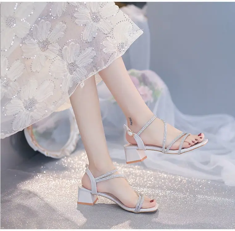 Fashion Sandals Fairy Mid-Heel 2024 New All-Match Thick Heel Rhinestone Wrap Roman Elegant High Heels — feature 8