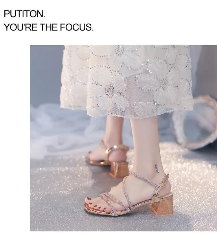 Fashion Sandals Fairy Mid-Heel 2024 New All-Match Thick Heel Rhinestone Wrap Roman Elegant High Heels — feature 9
