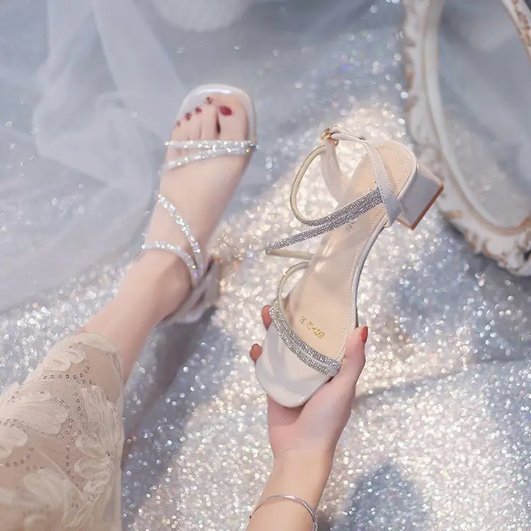 Fashion Sandals Fairy Mid-Heel 2024 New All-Match Thick Heel Rhinestone Wrap Roman Elegant High Heels - Image 2