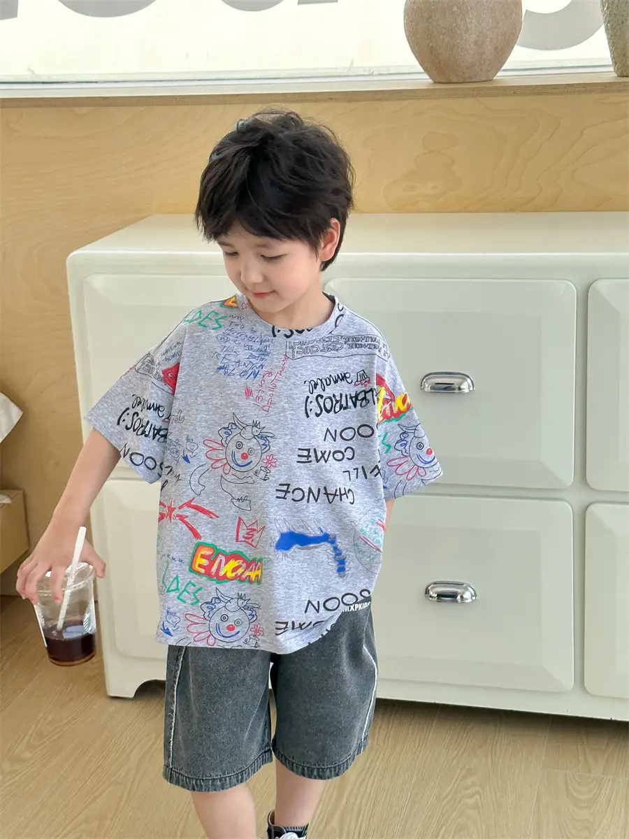 Boys Summer Graphic T-Shirt Gray Shorts Set — feature 13