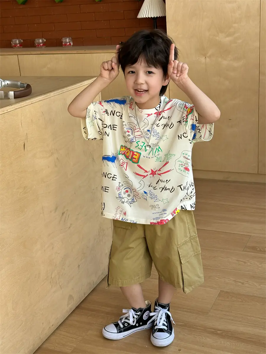Boys Summer Graphic T-Shirt Gray Shorts Set — feature 14