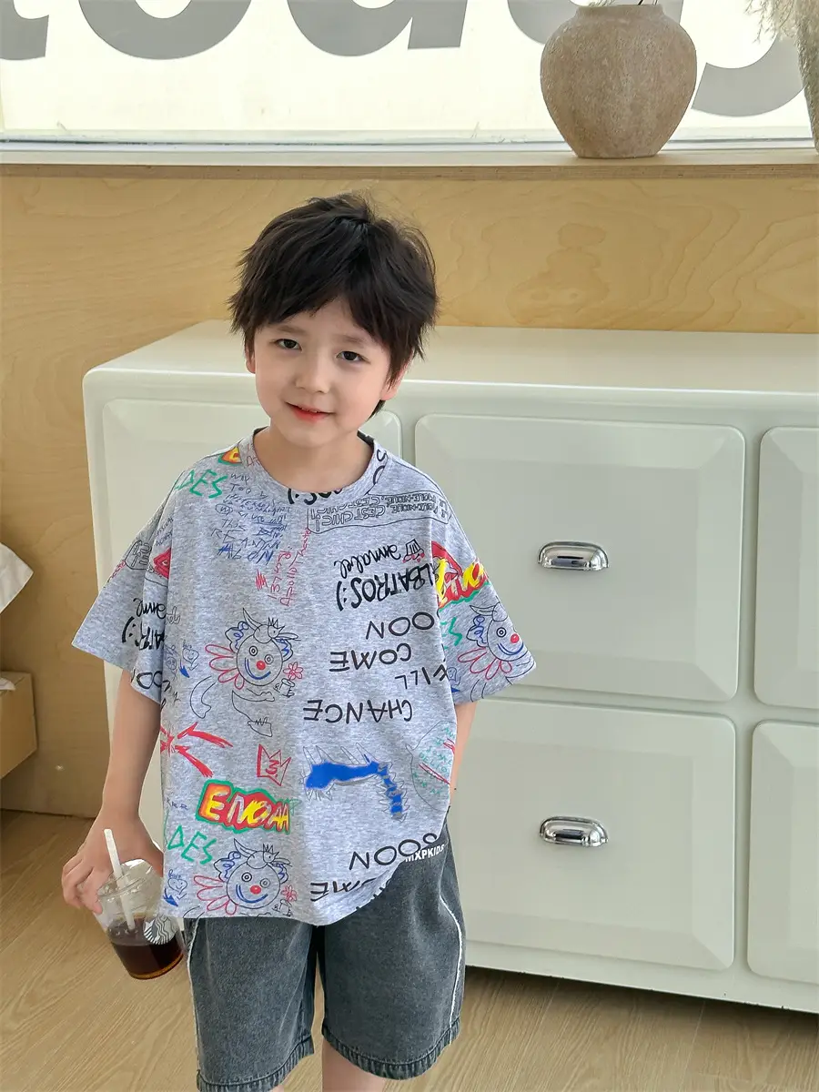 Boys Summer Graphic T-Shirt Gray Shorts Set — feature 15