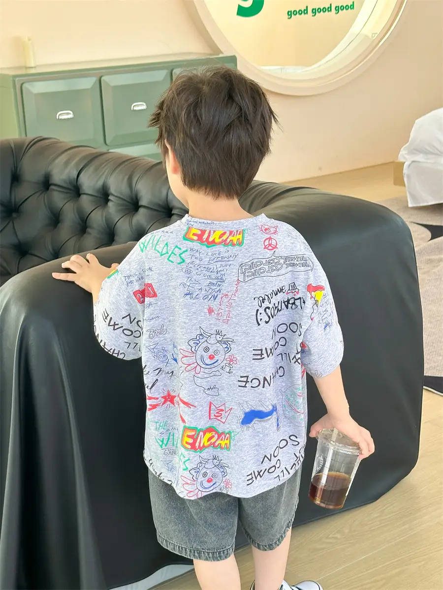 Boys Summer Graphic T-Shirt Gray Shorts Set — feature 17