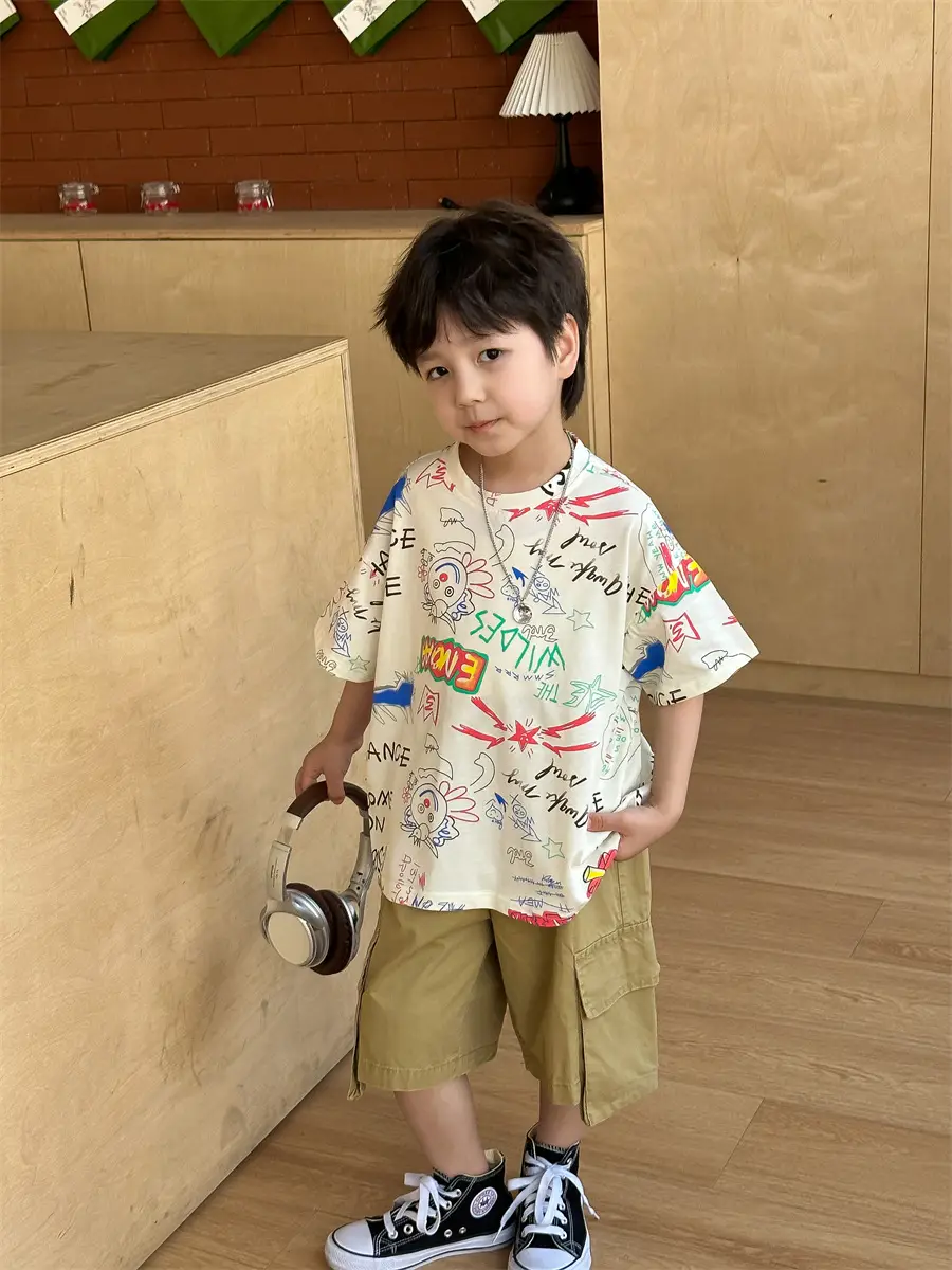 Boys Summer Graphic T-Shirt Gray Shorts Set — feature 18