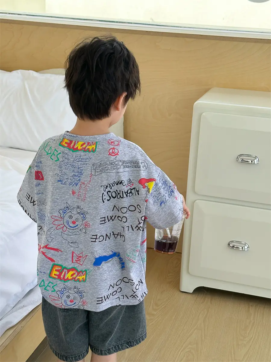 Boys Summer Graphic T-Shirt Gray Shorts Set — feature 19