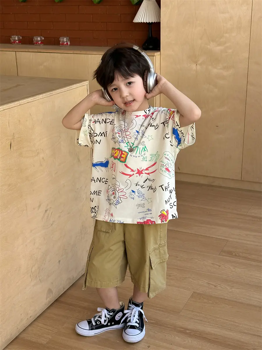 Boys Summer Graphic T-Shirt Gray Shorts Set — feature 20