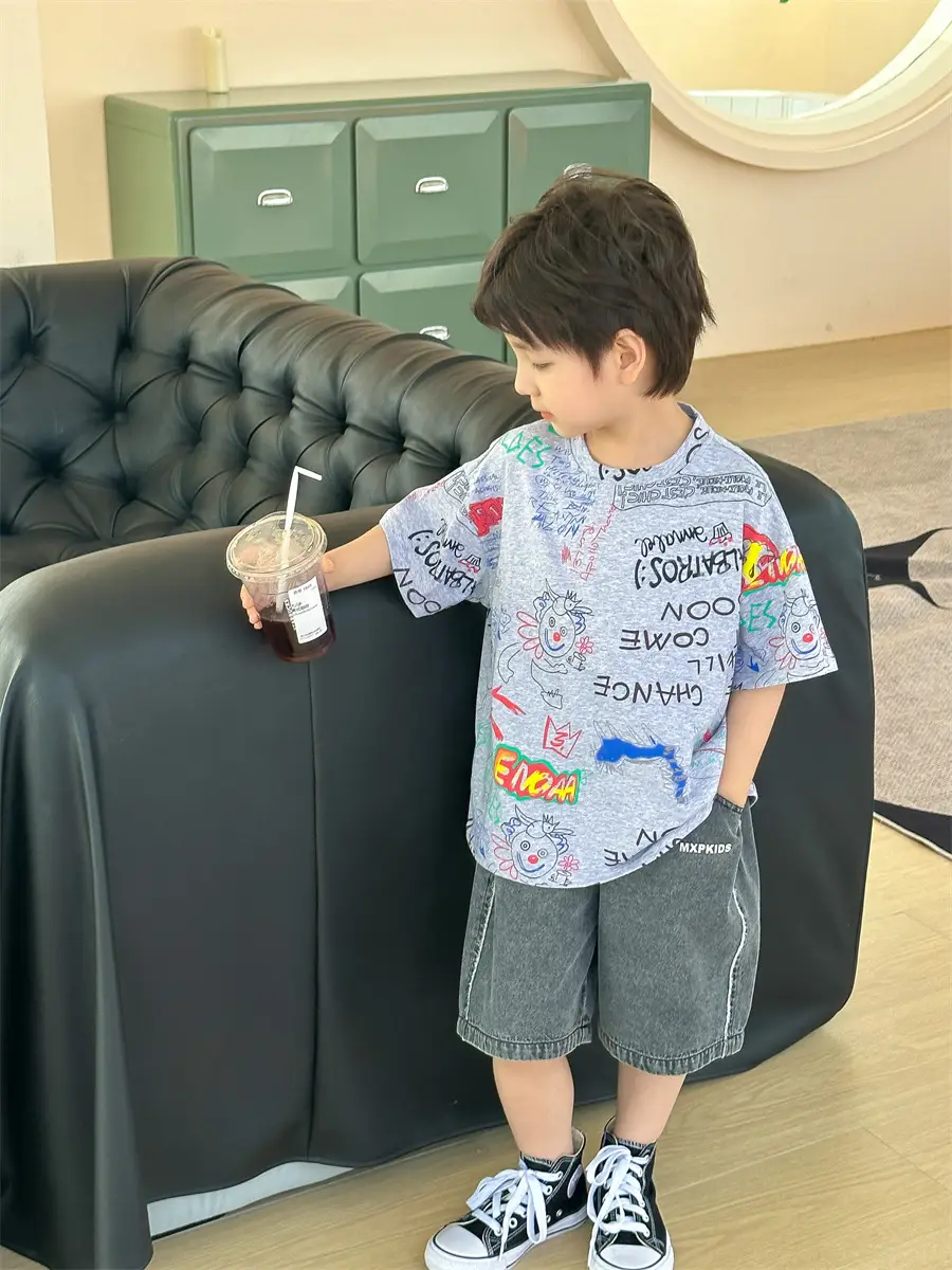 Boys Summer Graphic T-Shirt Gray Shorts Set — feature 21