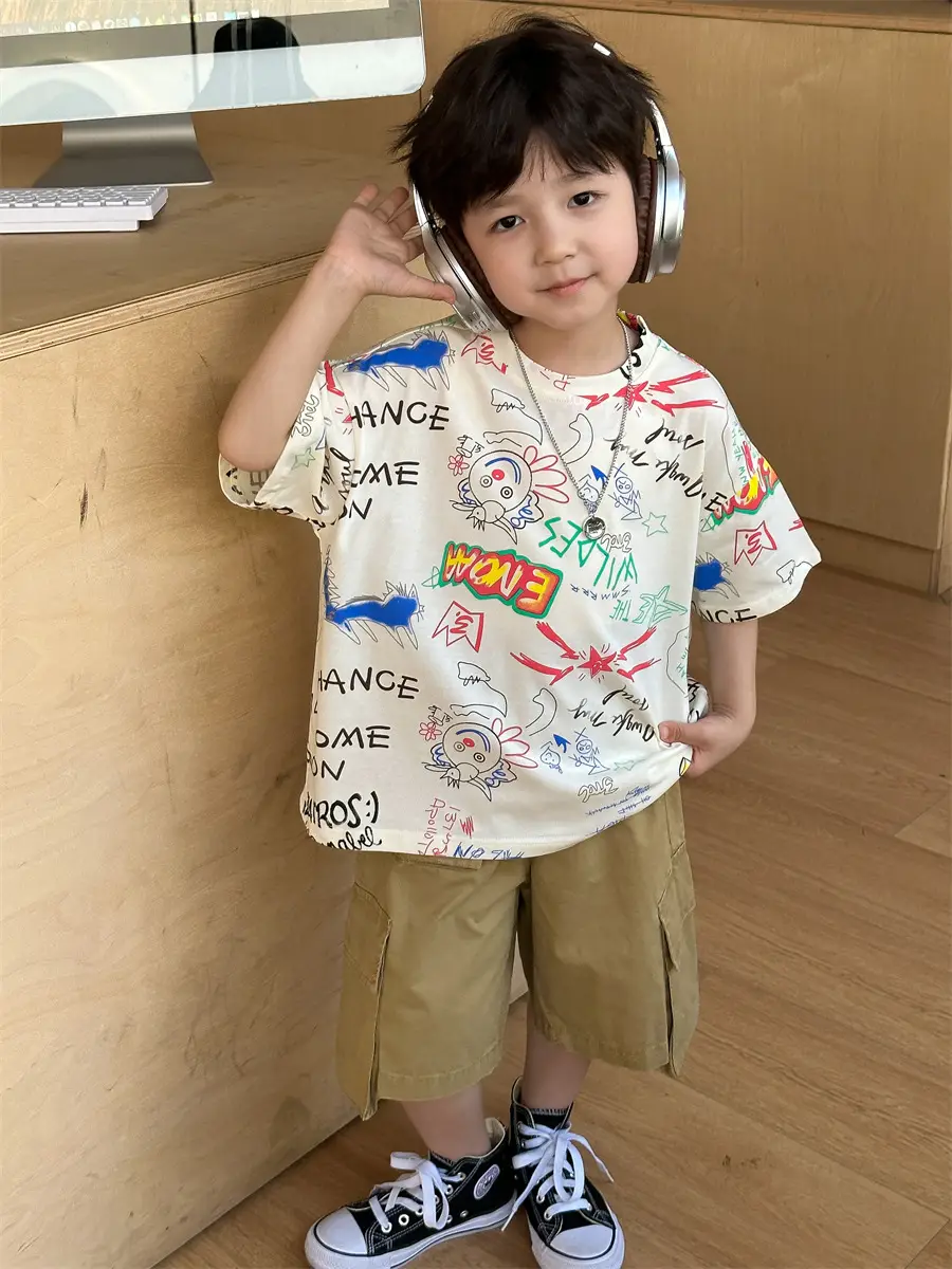 Boys Summer Graphic T-Shirt Gray Shorts Set — feature 22