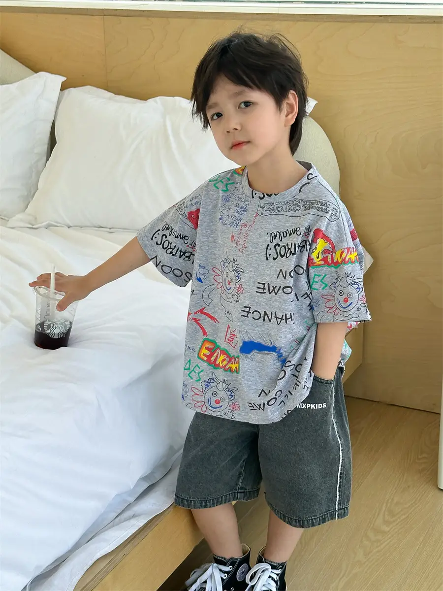 Boys Summer Graphic T-Shirt Gray Shorts Set — feature 23