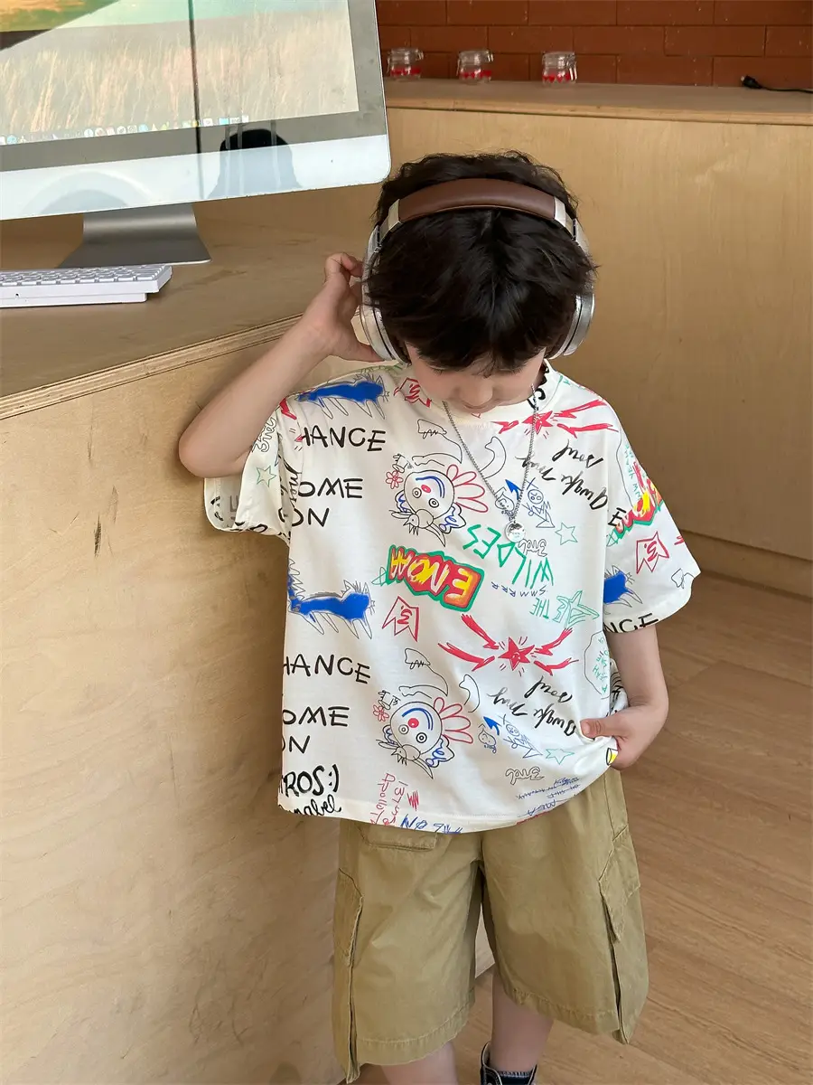 Boys Summer Graphic T-Shirt Gray Shorts Set — feature 24