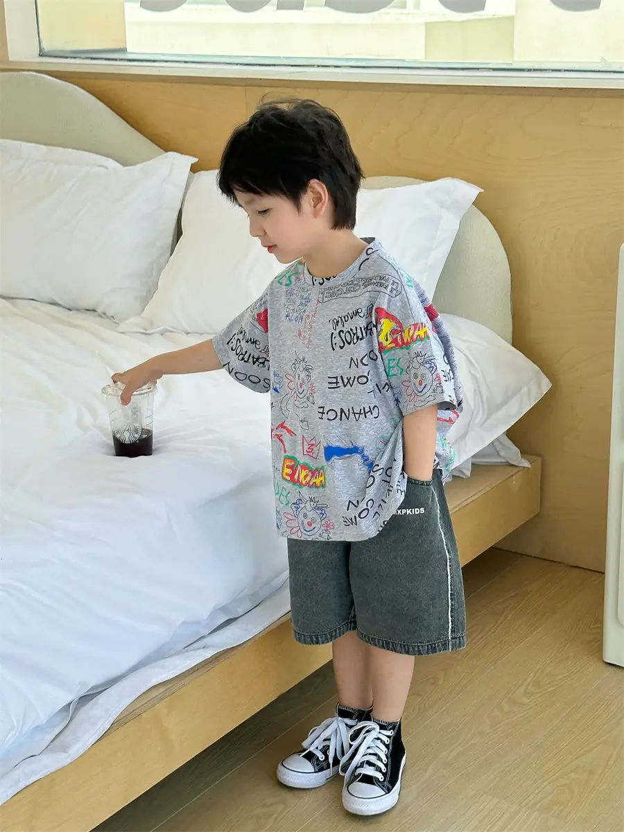 Boys Summer Graphic T-Shirt Gray Shorts Set — feature 25