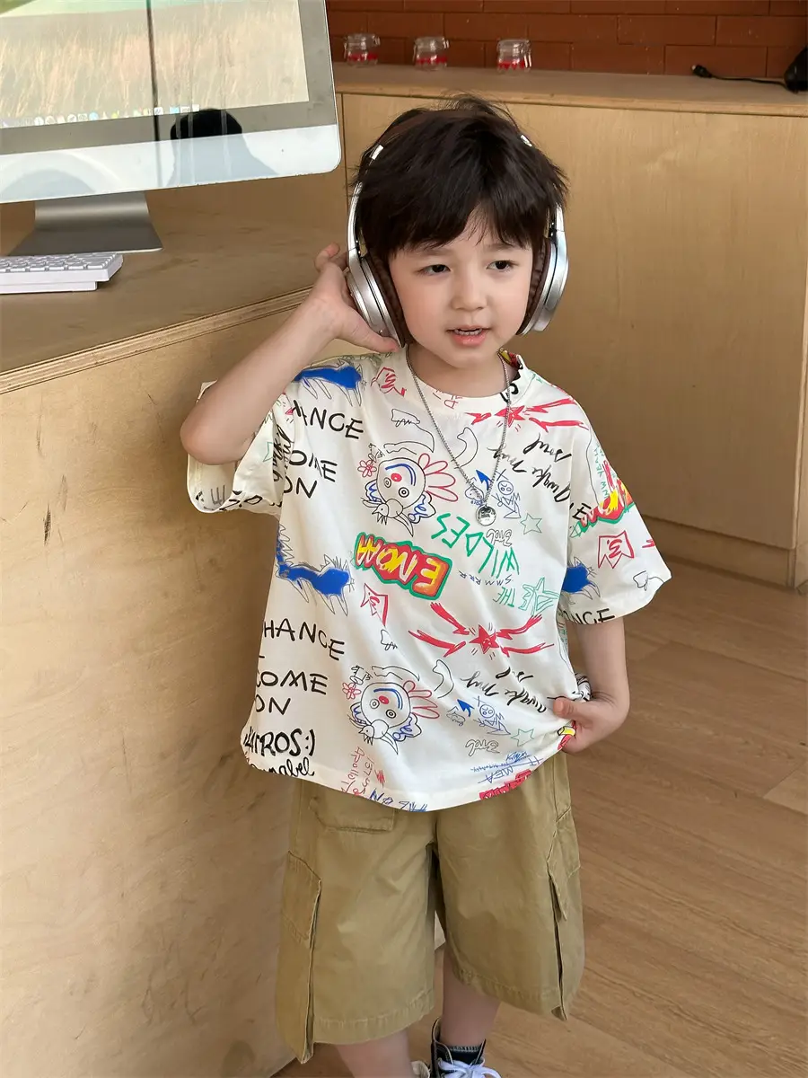 Boys Summer Graphic T-Shirt Gray Shorts Set — feature 26