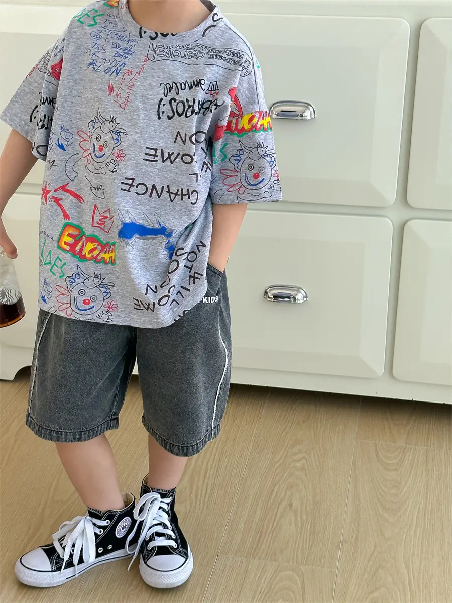 Boys Summer Graphic T-Shirt Gray Shorts Set — feature 30