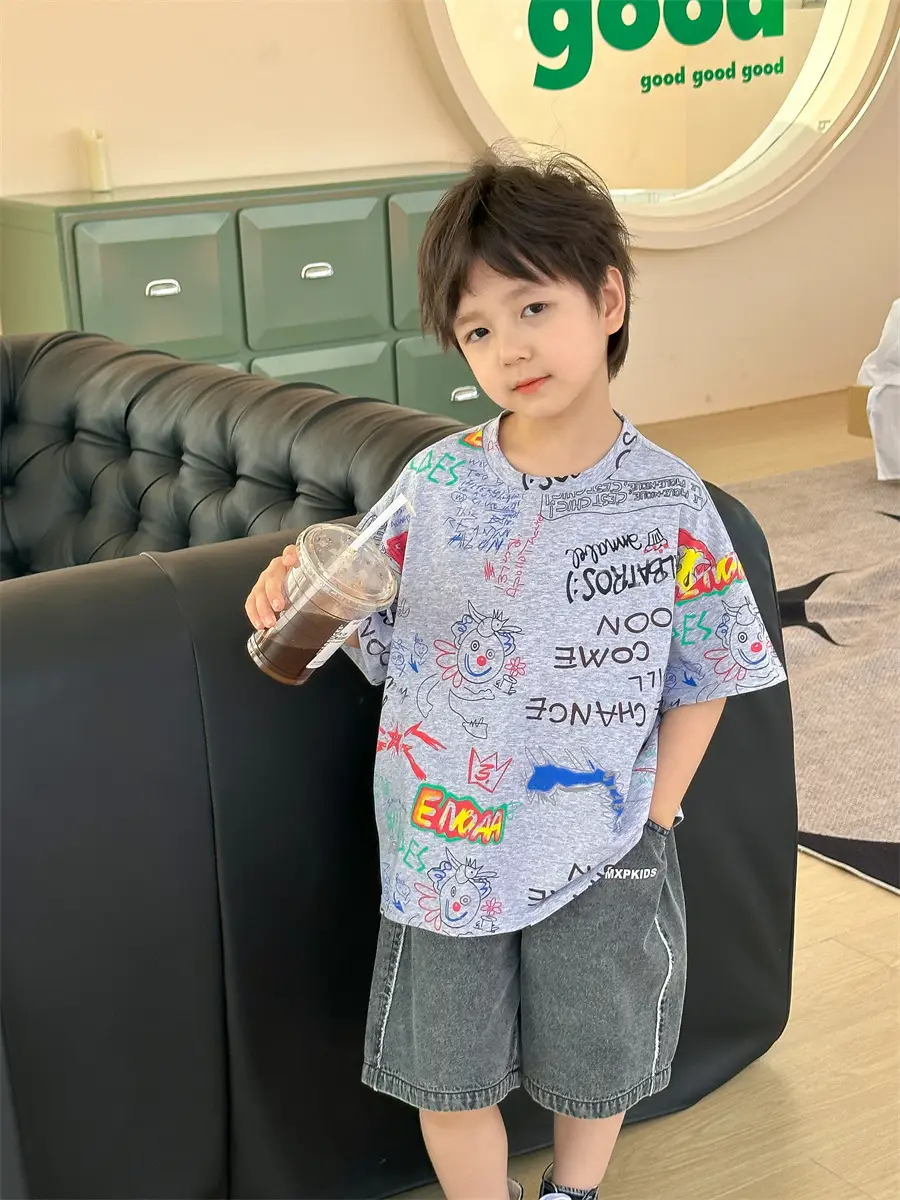 Boys Summer Graphic T-Shirt Gray Shorts Set — feature 32