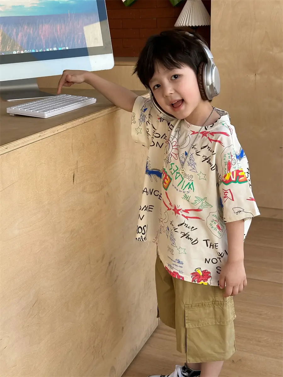 Boys Summer Graphic T-Shirt Gray Shorts Set — feature 33