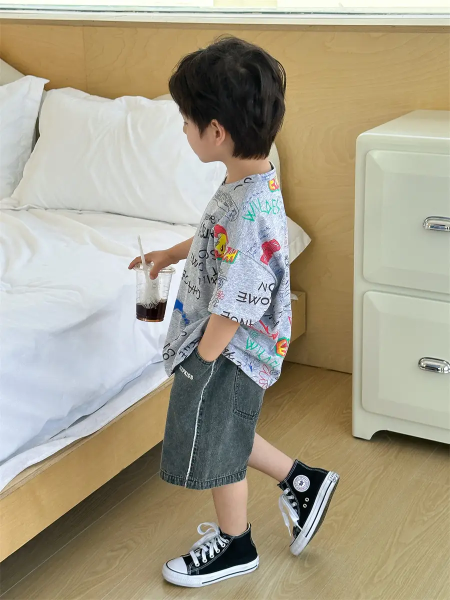 Boys Summer Graphic T-Shirt Gray Shorts Set — feature 34
