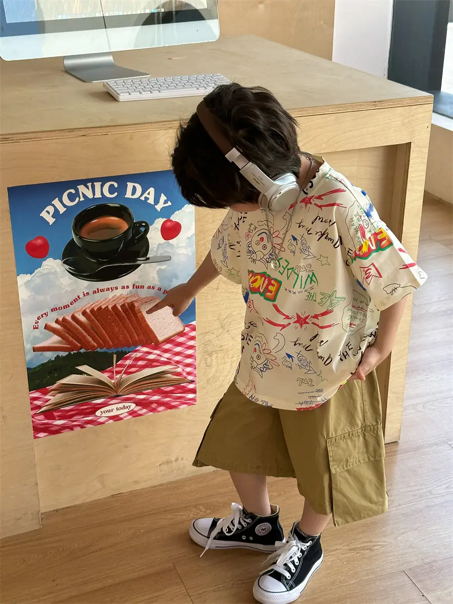 Boys Summer Graphic T-Shirt Gray Shorts Set — feature 36