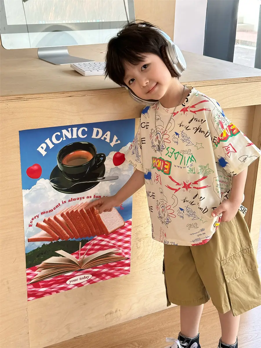 Boys Summer Graphic T-Shirt Gray Shorts Set — feature 37