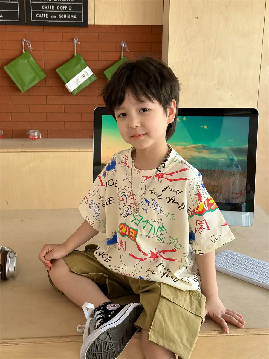 Boys Summer Graphic T-Shirt Gray Shorts Set — feature 38