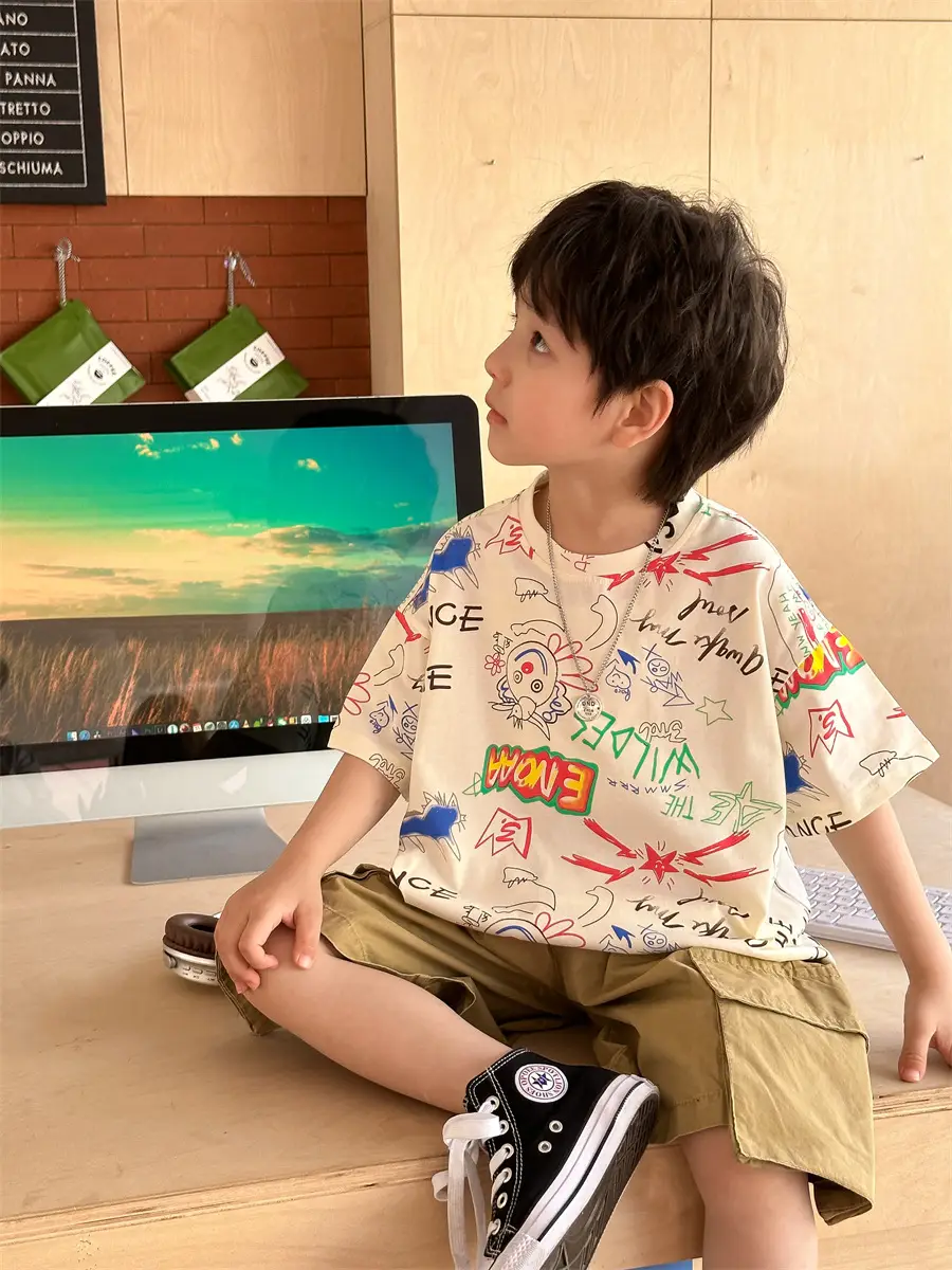 Boys Summer Graphic T-Shirt Gray Shorts Set — feature 39