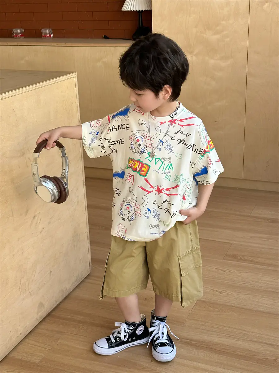Boys Summer Graphic T-Shirt Gray Shorts Set — feature 7