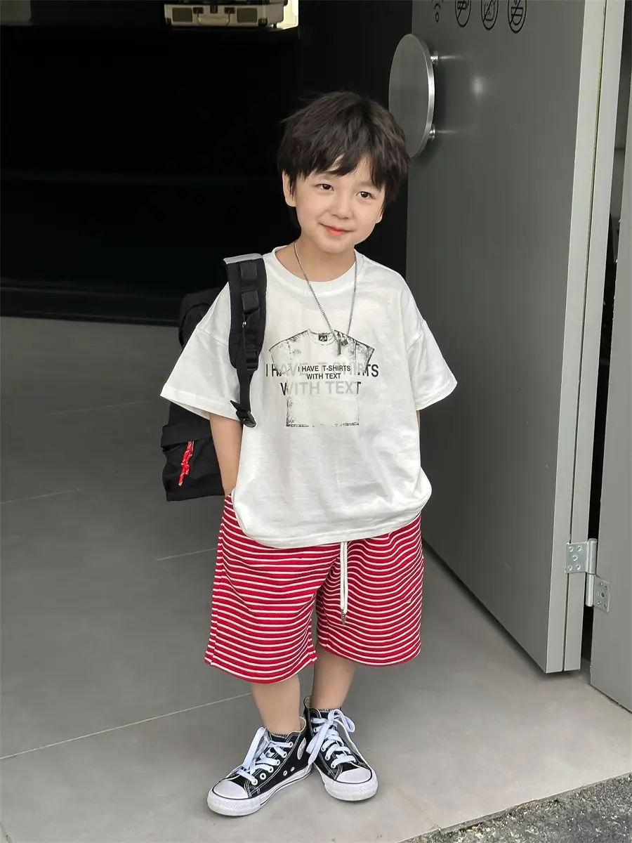 Boys Red Striped Shorts & White T-Shirt Set - Image 2