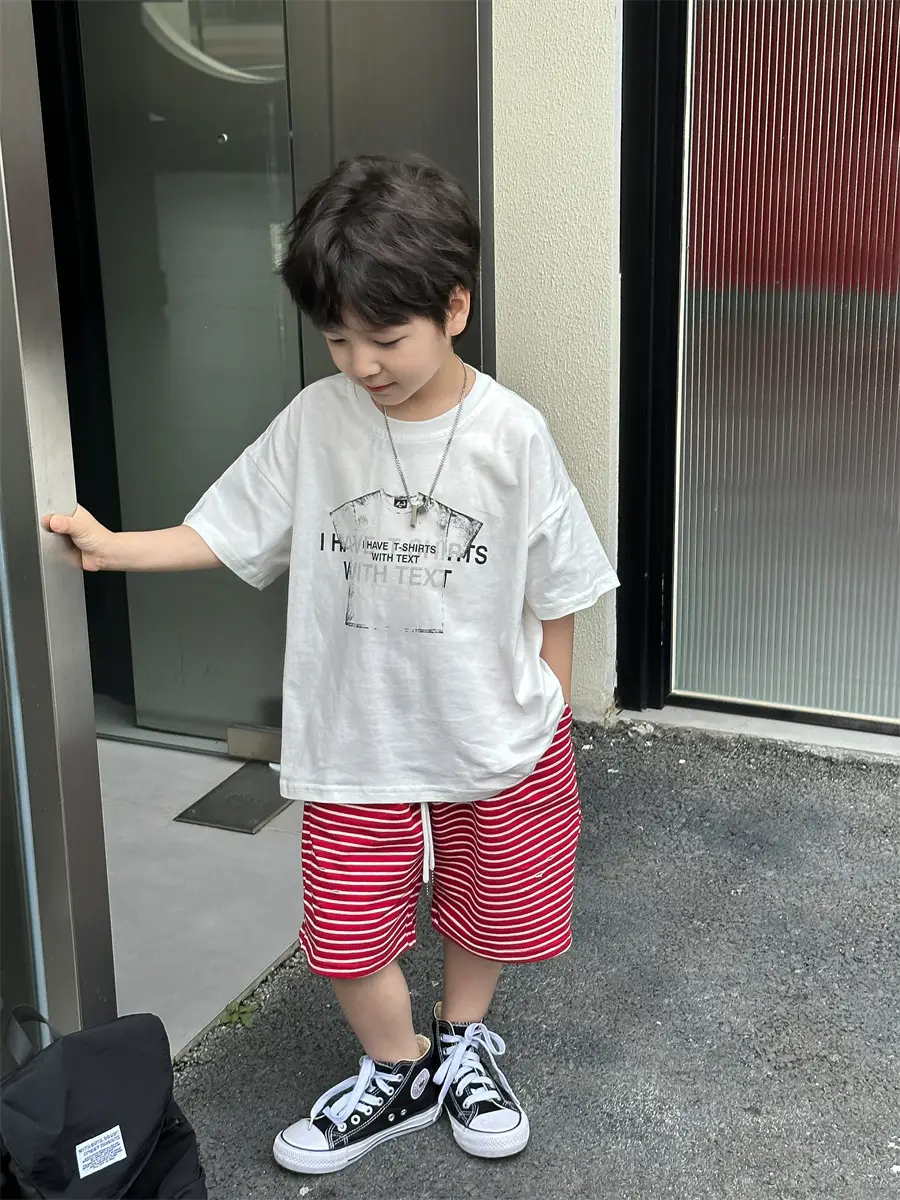 Boys Red Striped Shorts & White T-Shirt Set — feature 12