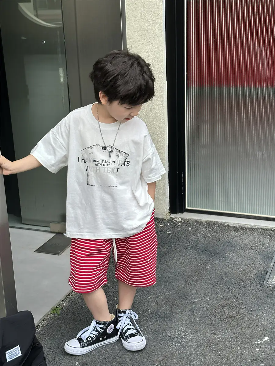 Boys Red Striped Shorts & White T-Shirt Set — feature 13