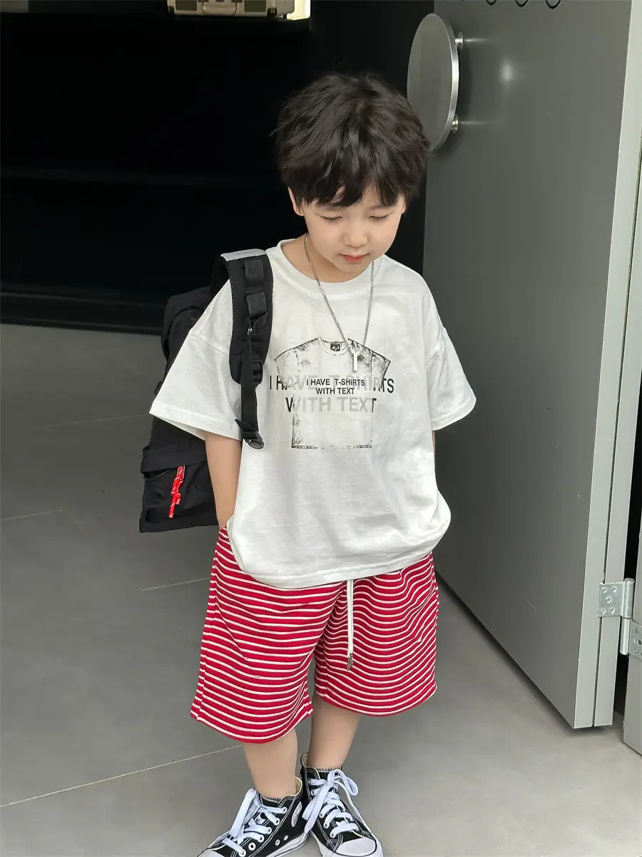 Boys Red Striped Shorts & White T-Shirt Set — feature 14