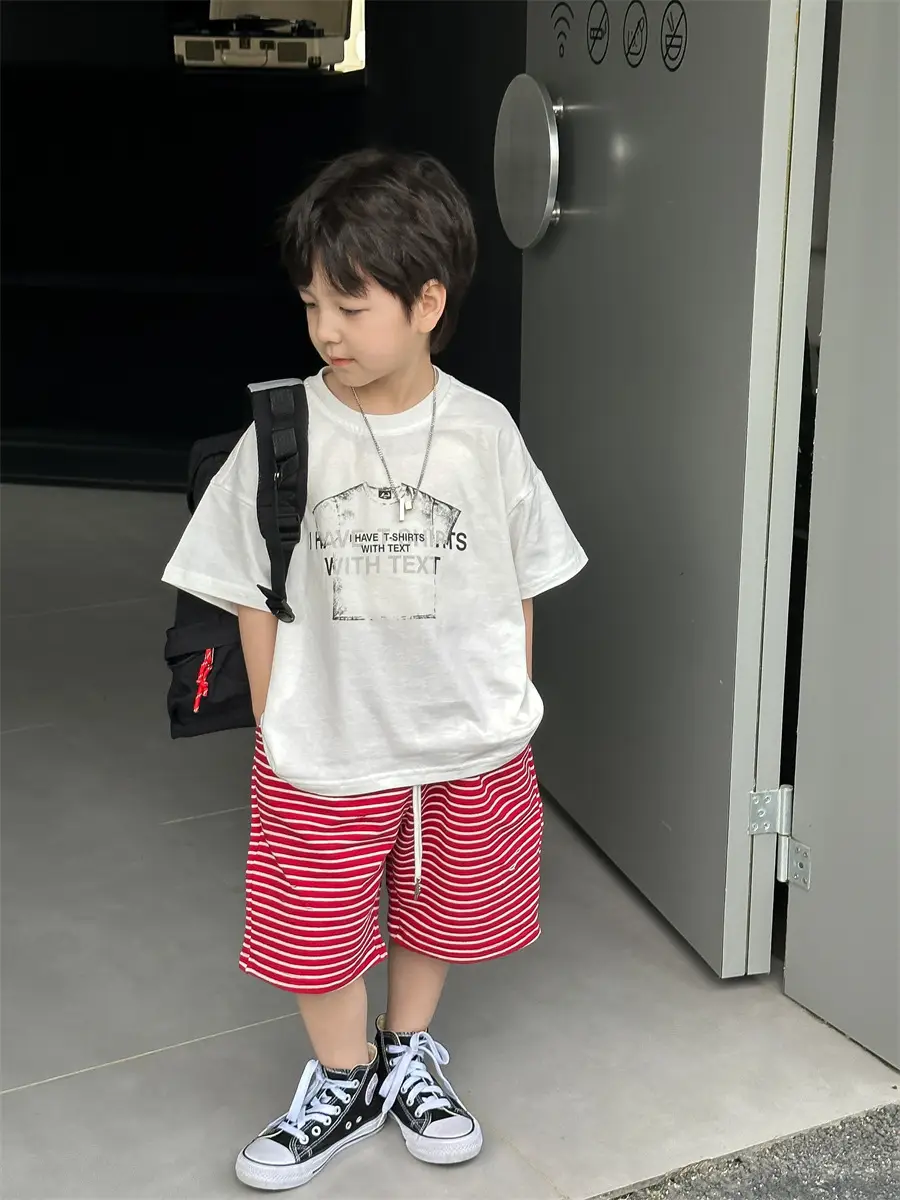 Boys Red Striped Shorts & White T-Shirt Set — feature 15
