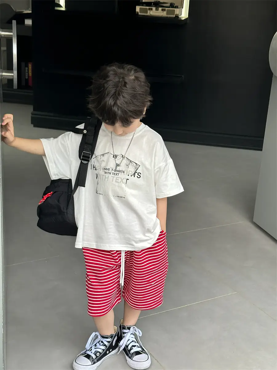 Boys Red Striped Shorts & White T-Shirt Set — feature 16