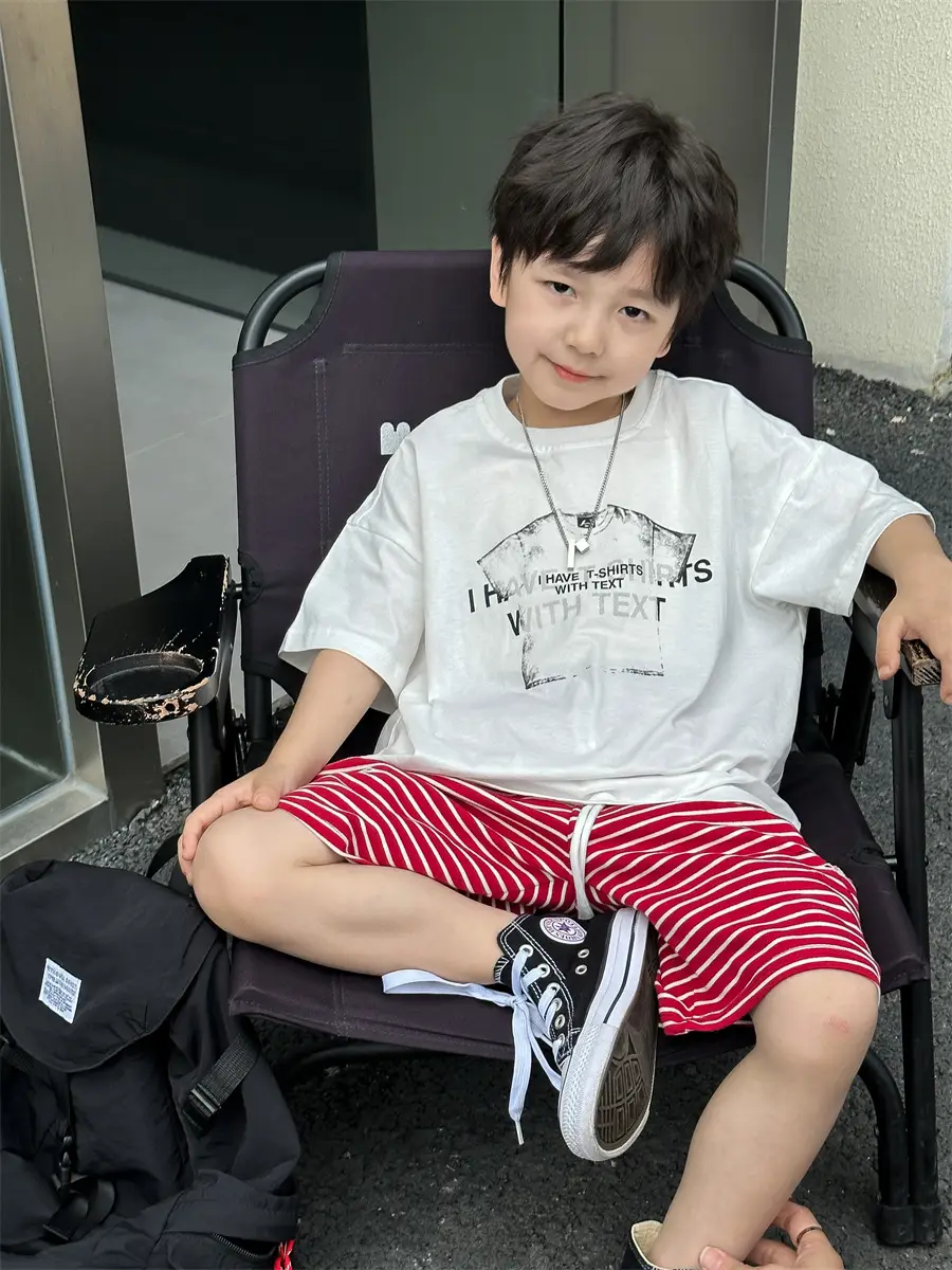 Boys Red Striped Shorts & White T-Shirt Set — feature 17