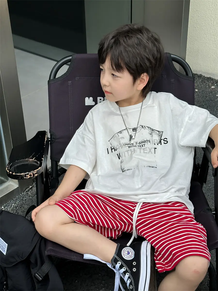 Boys Red Striped Shorts & White T-Shirt Set — feature 18