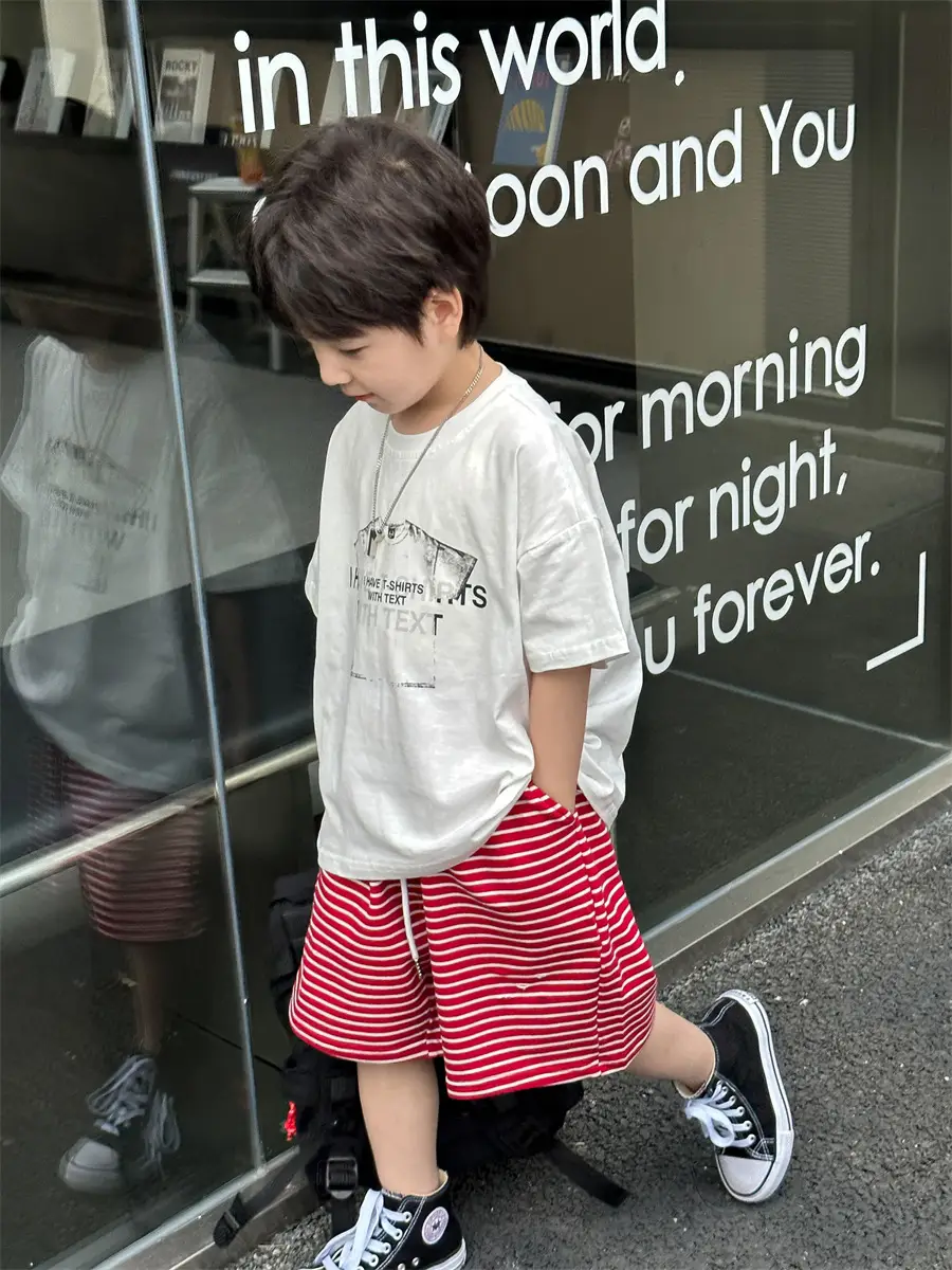 Boys Red Striped Shorts & White T-Shirt Set — feature 20
