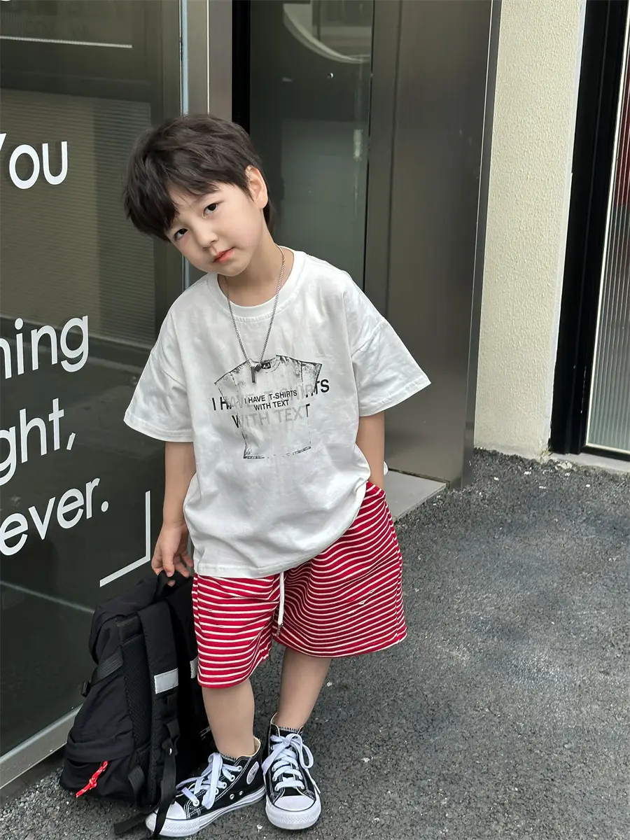 Boys Red Striped Shorts & White T-Shirt Set — feature 21