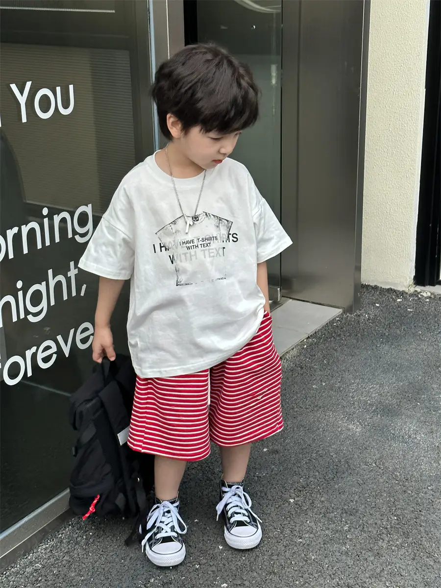 Boys Red Striped Shorts & White T-Shirt Set — feature 22