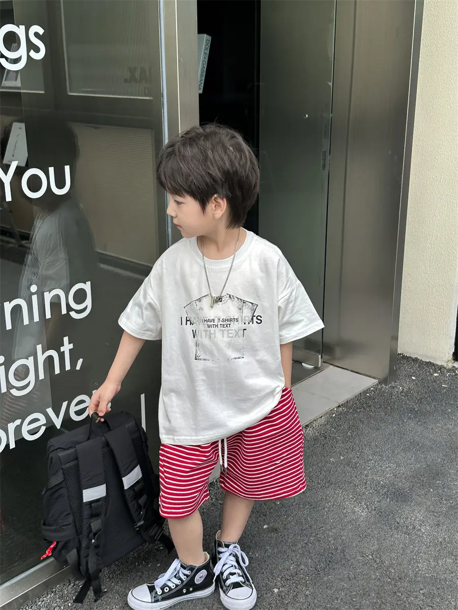 Boys Red Striped Shorts & White T-Shirt Set — feature 24