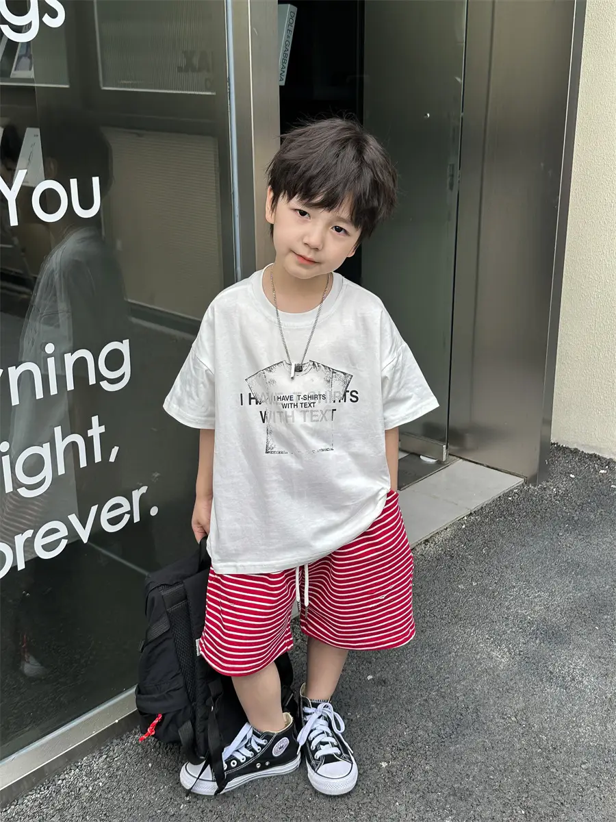 Boys Red Striped Shorts & White T-Shirt Set — feature 6