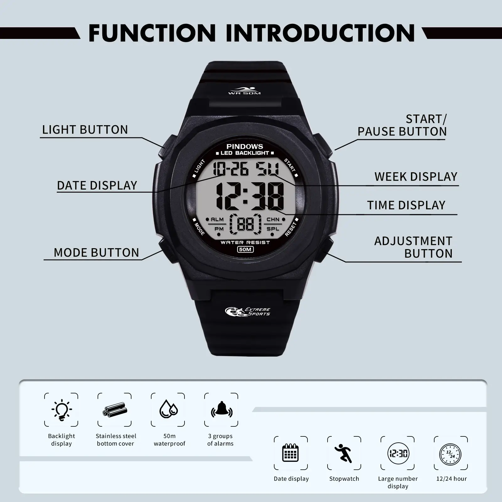 Women Waterproof LED Digital Watch Navy Blue — feature 14
