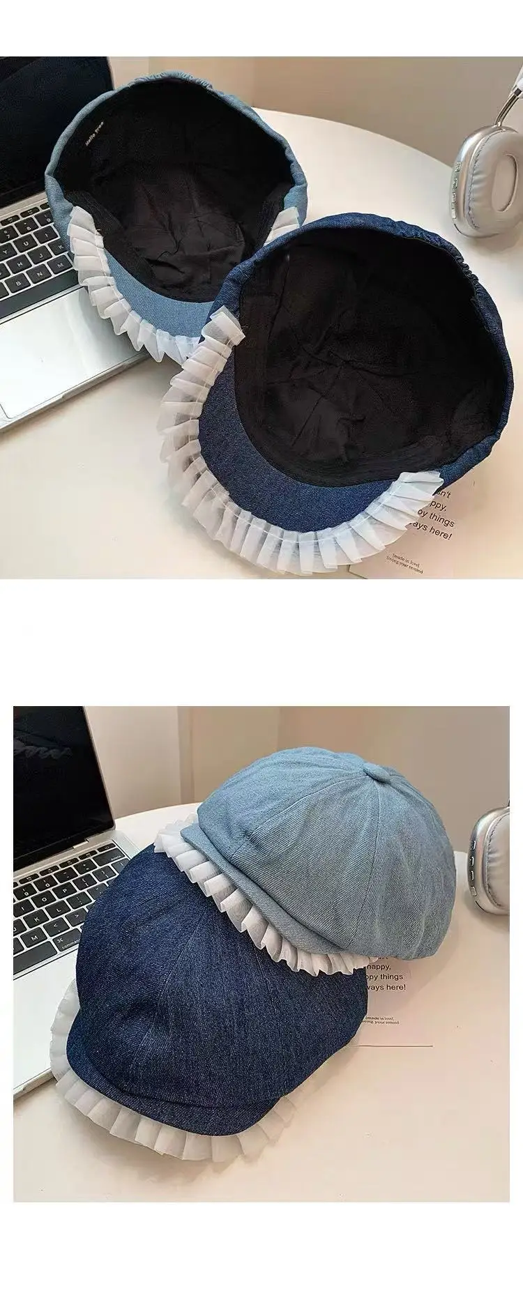 Blue Lace Denim Forward Cap Vintage Ballet Style — feature 10