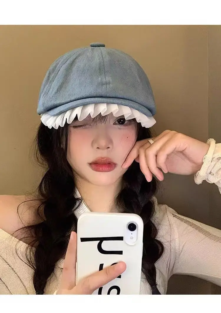 Blue Lace Denim Forward Cap Vintage Ballet Style — feature 13