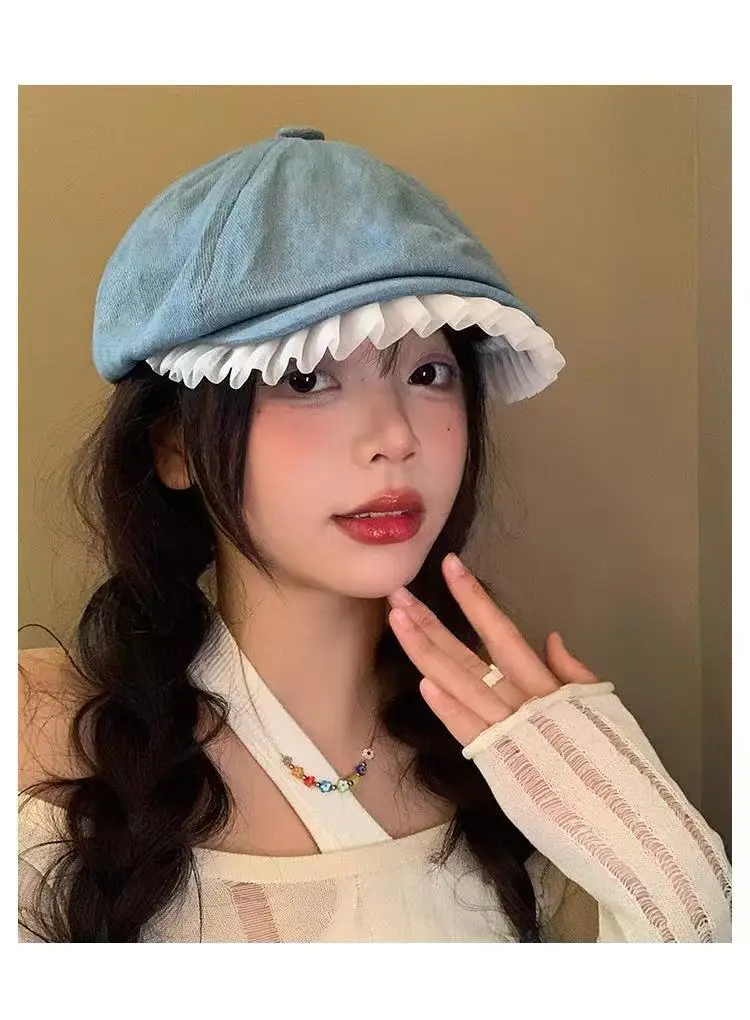 Blue Lace Denim Forward Cap Vintage Ballet Style — feature 15