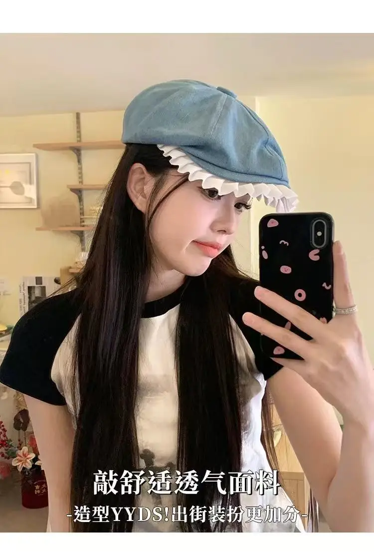 Blue Lace Denim Forward Cap Vintage Ballet Style — feature 4